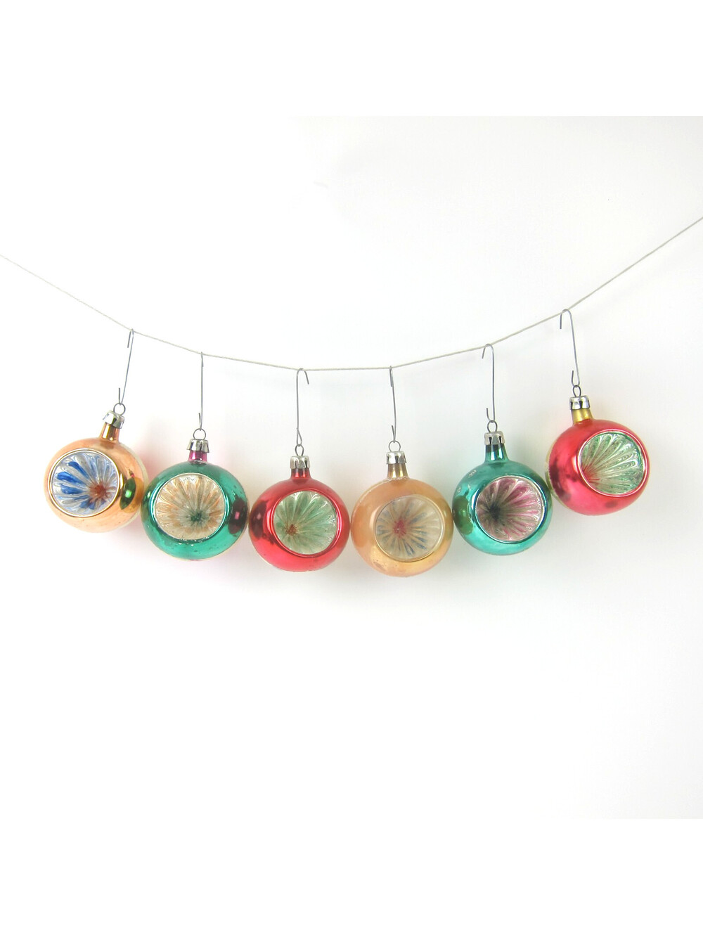 Vintage Mercury Glass Christmas Ornaments Lot of 6 Indent Balls Stripes 2" MCM